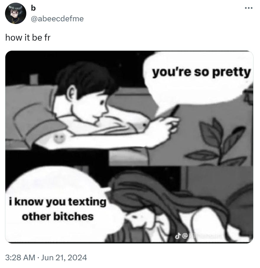 Boy and girl texting meme in black and white.