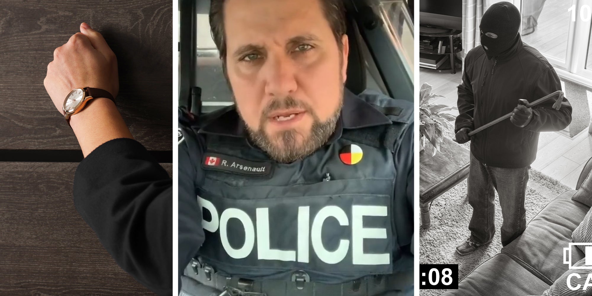 Knocking on door(l) Police officer giving advice on tiktok(c) person breaking in home(r)