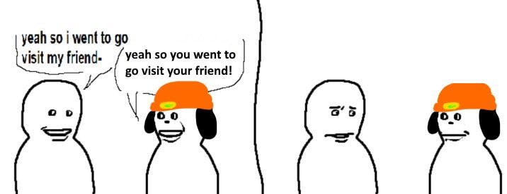 Bro Visited His Friend meme with the interrupting character edited to have dog ears and an orange hat.