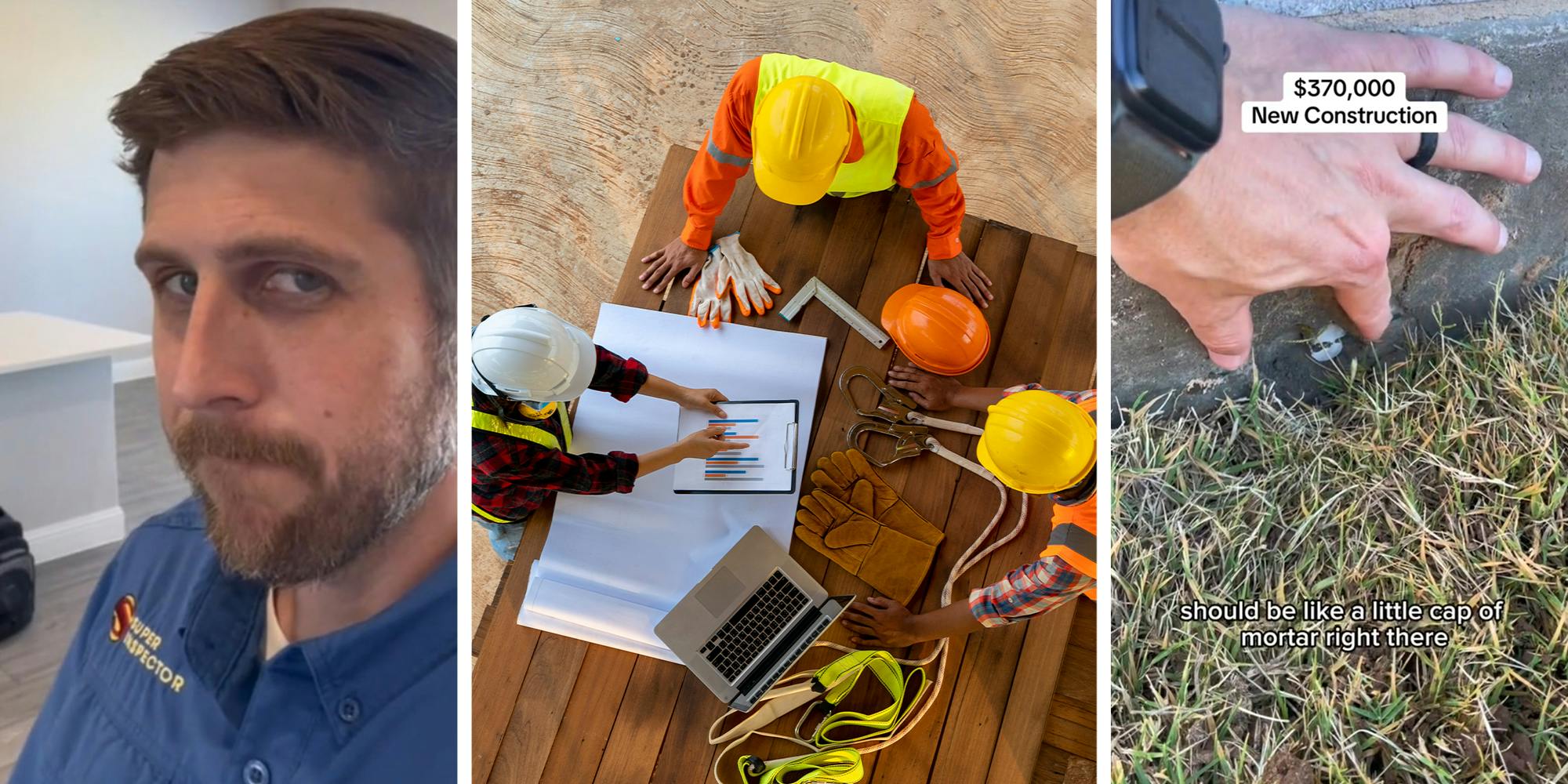 Home inspector looking suspicious(l) Group of men arial view of construction planning(c) Hand displaying damage on concrete wall(r)