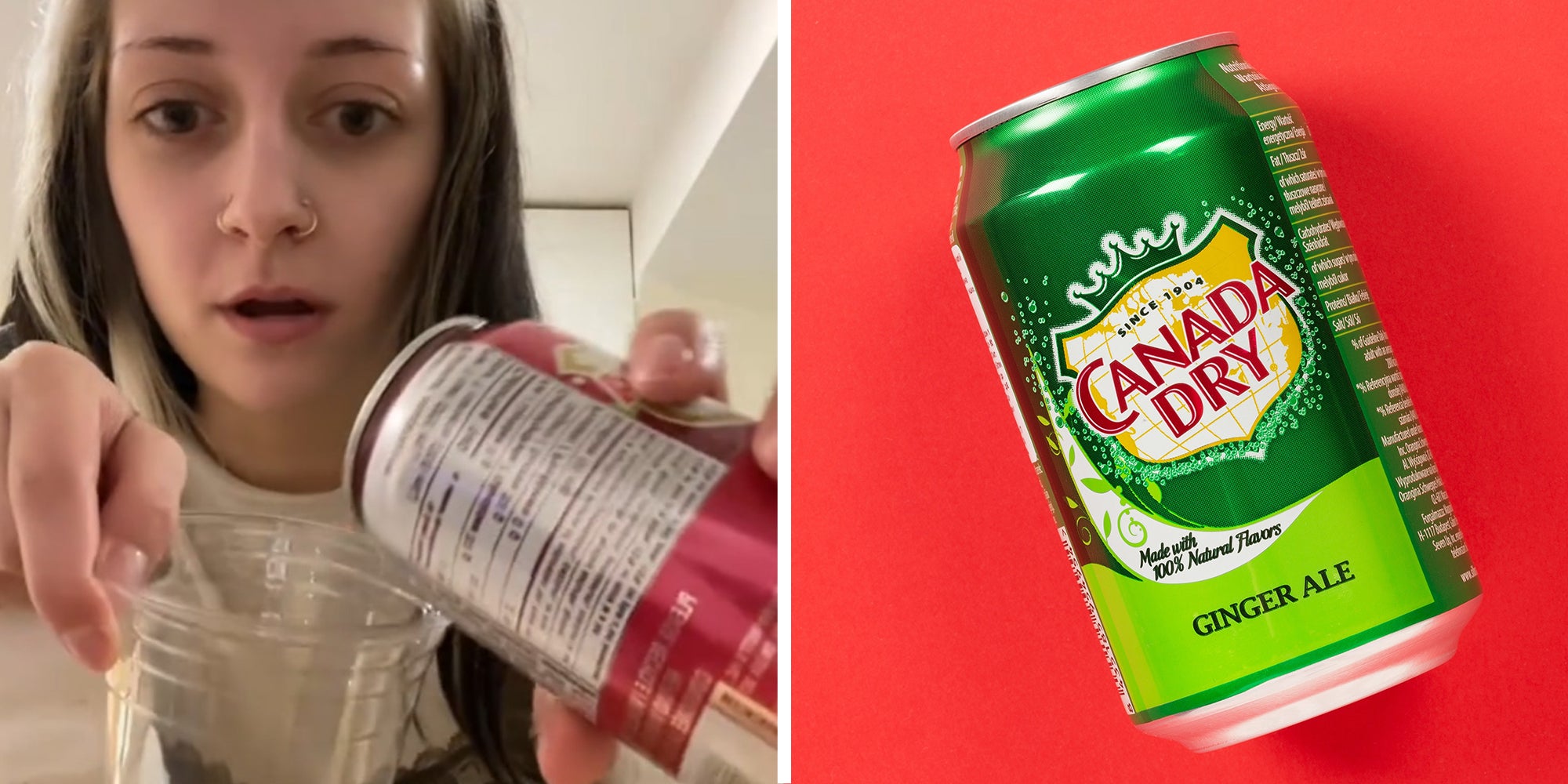woman pouring Canada dry(l) Canada Dry with red background(r)