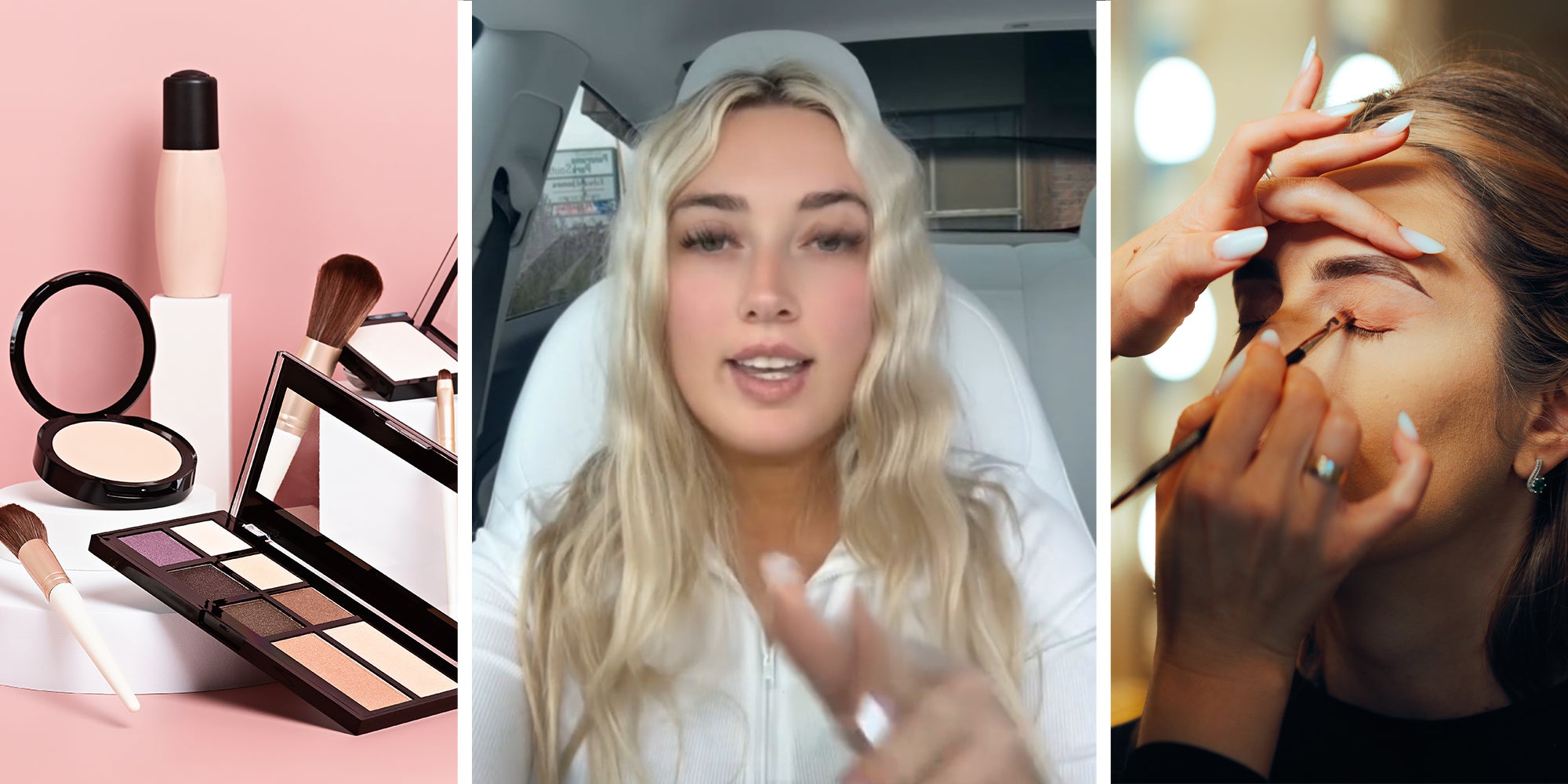 Make up accessories(l) Woman sharing her Makeup artist experience(c) Woman putting on Makeup(r)