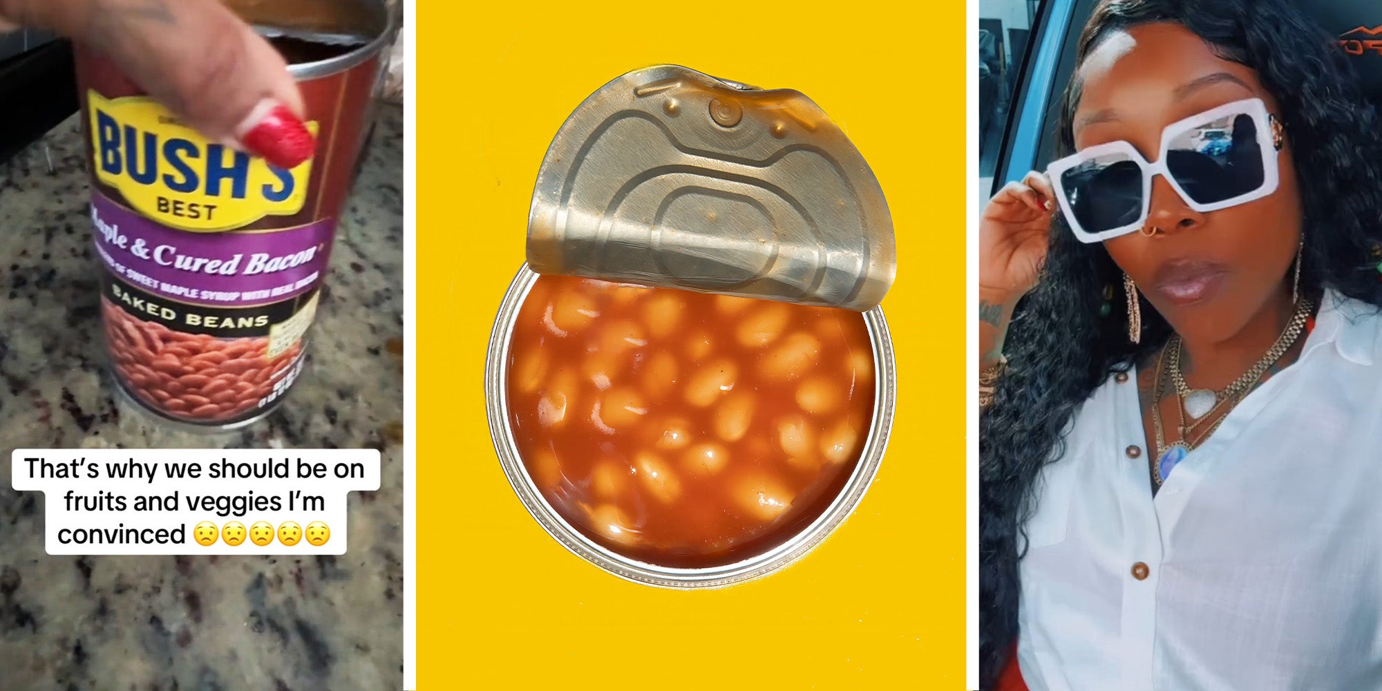 Bush's canned beans(l) top view of open baked beans can with yellow background(c) Woman sharing on TikTok her opened baked beans can (r)