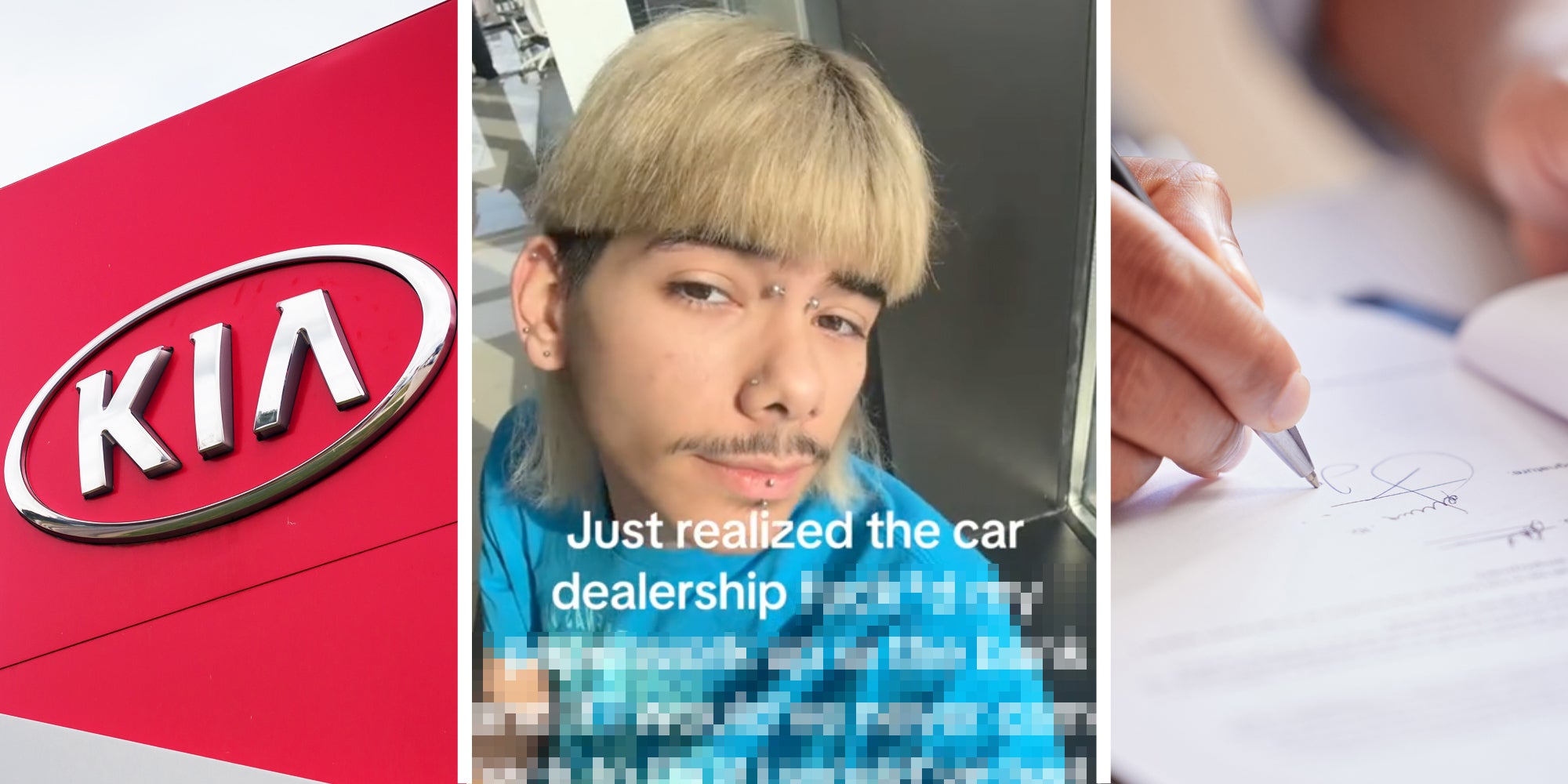Kia sign(l), Person looking at camera with text that says 'just realized the car dealership *muzzed*'(c) Hand holding pen signing document(r)