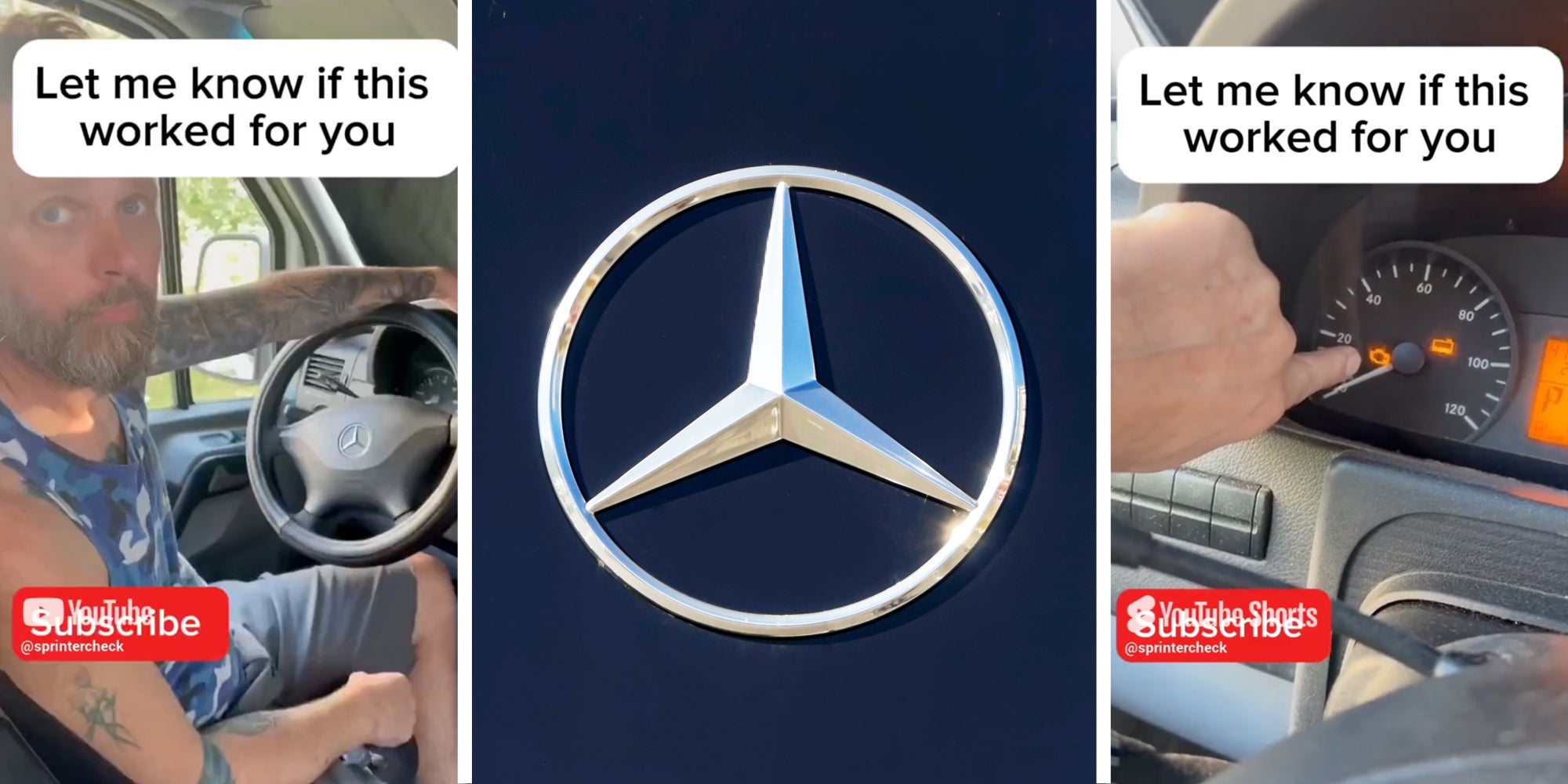 Man at wheel(l), Mercedes Logo(c), Man pointing to dashboard(r)