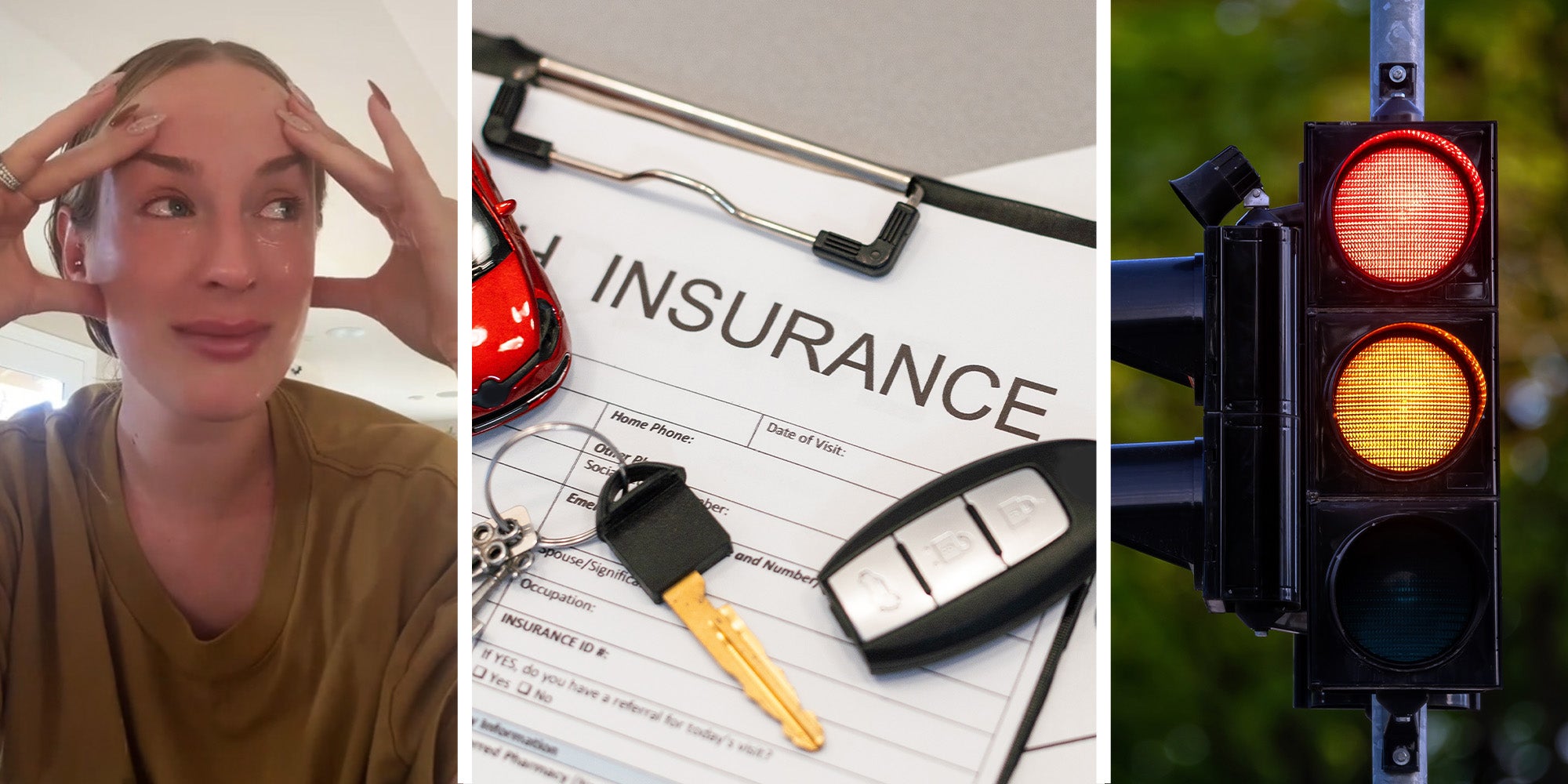 Woman looking worried(l) Documents with the word 'Insurance' on display(c) Traffic Light(r)