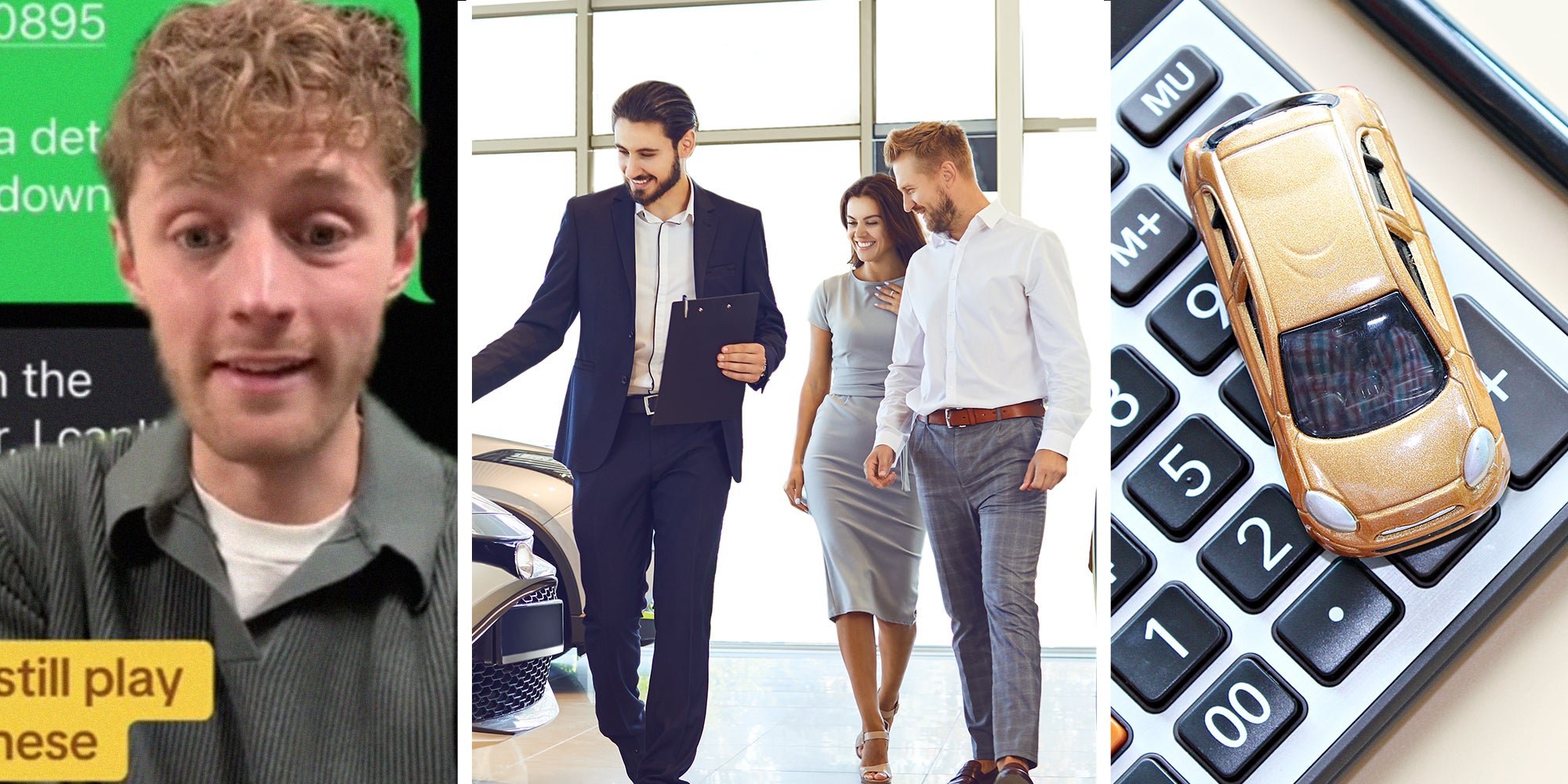 Man with greenscreen effect(l) Dealer Showing Couple Cars(c) Car on Calculator(r)