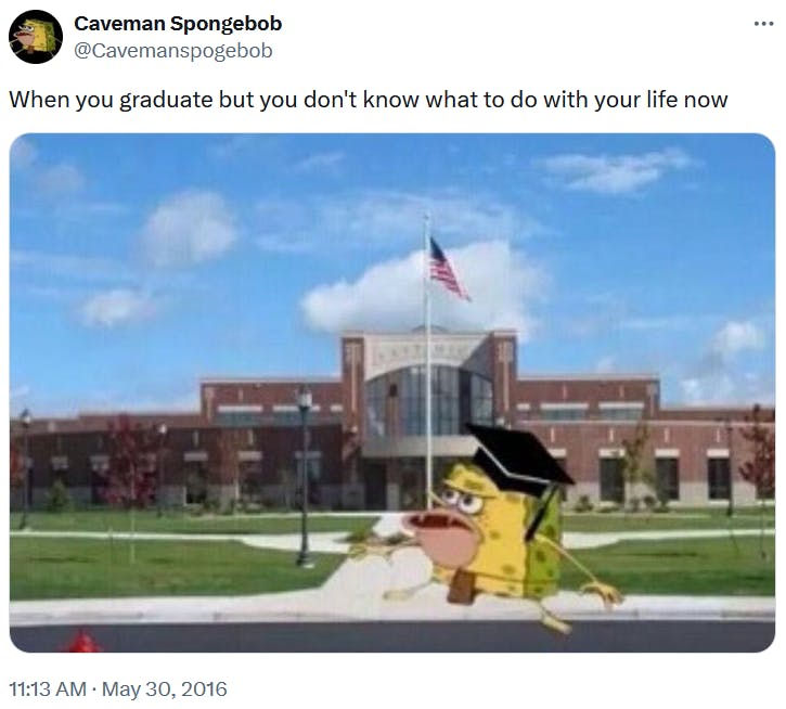 Caveman SpongeBob meme about not knowing what to do after you graduate.