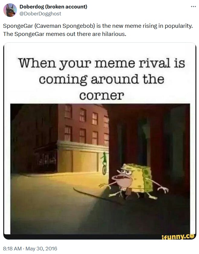 Caveman SpongeBob meme about facing your rival.