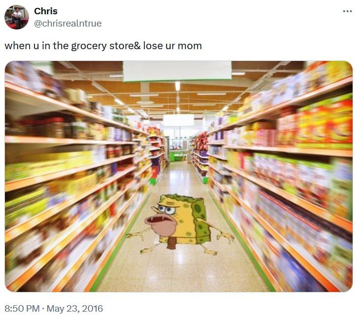 Caveman SpongeBob meme about losing your mom at the grocery store.