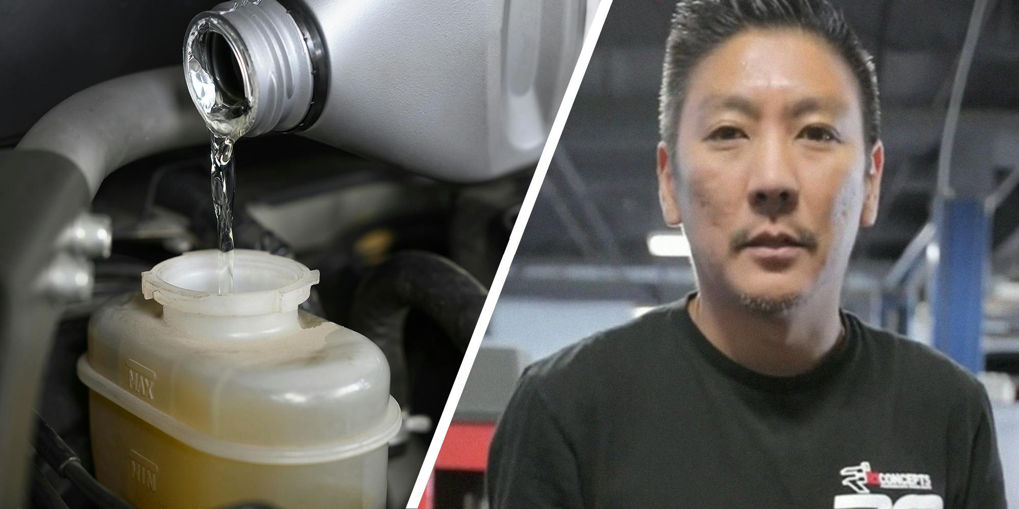 pouring Brake Fluid(l) Mechanic shares how to check your brakes(r)