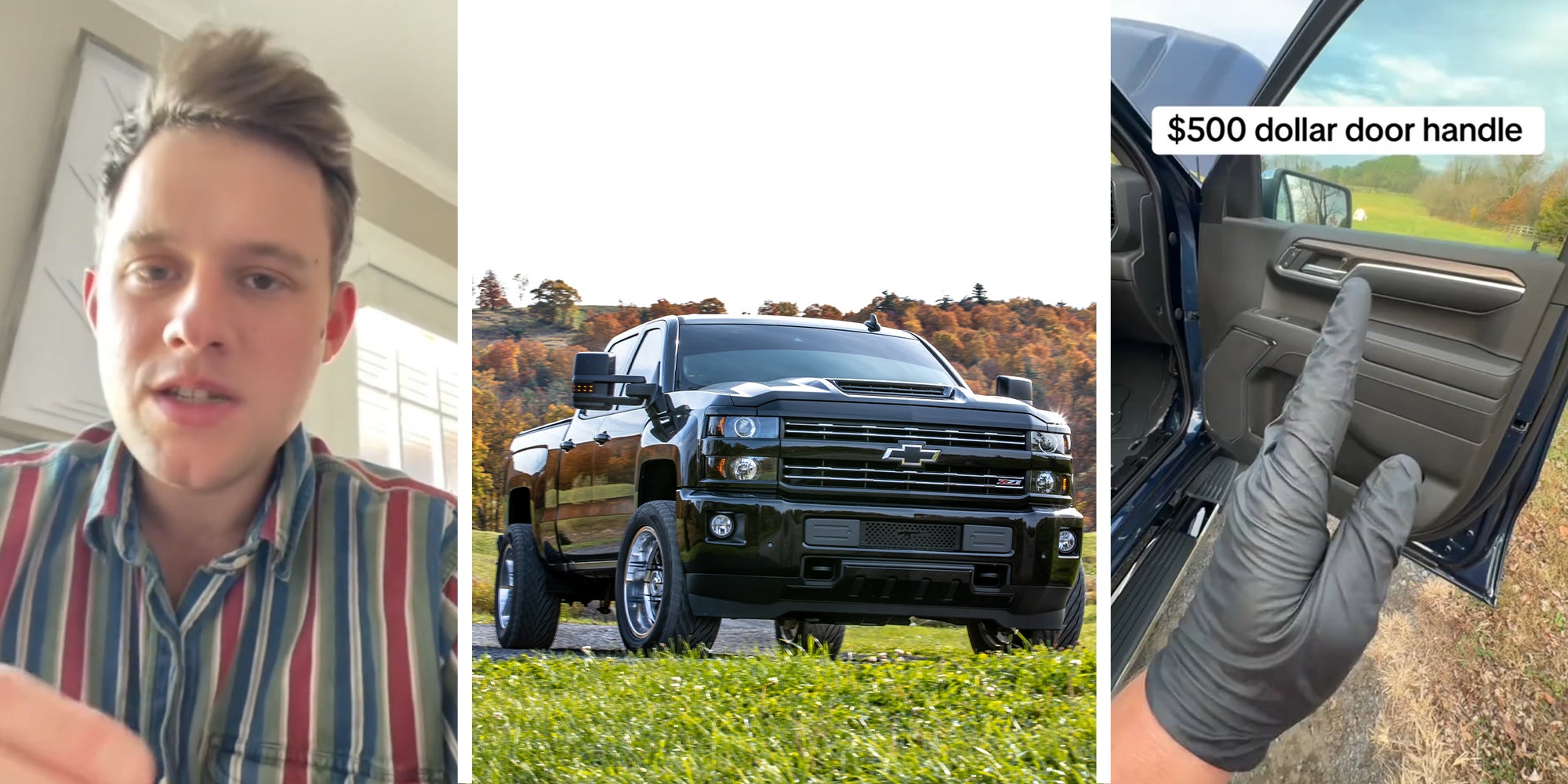 Mechanic Sharing information on TikTok(l) Chevy Silverado Black(c) Mechanic showing vehicle Door Panel(r)