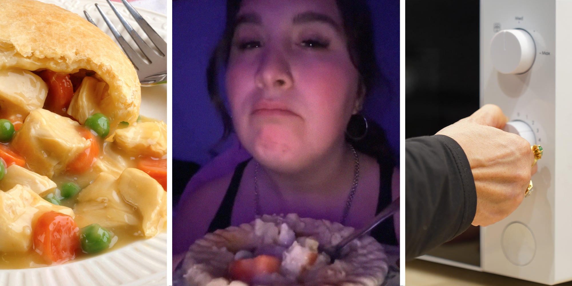 Chicken Pot Pie(l) Woman Eating Chicken Pot Pie(c) Woman using Microwave(r)