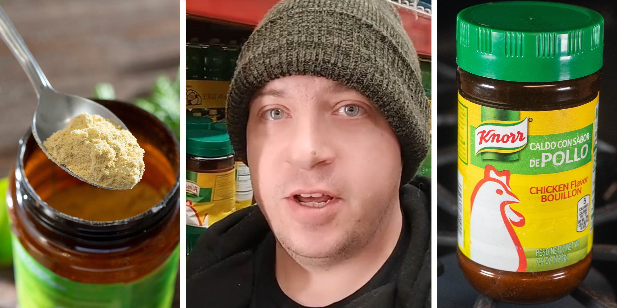 Spoon full of chicken seasoning(l) Man sharing information on Chicken Seasoning(c) Knorr Chicken Seasoning(r)