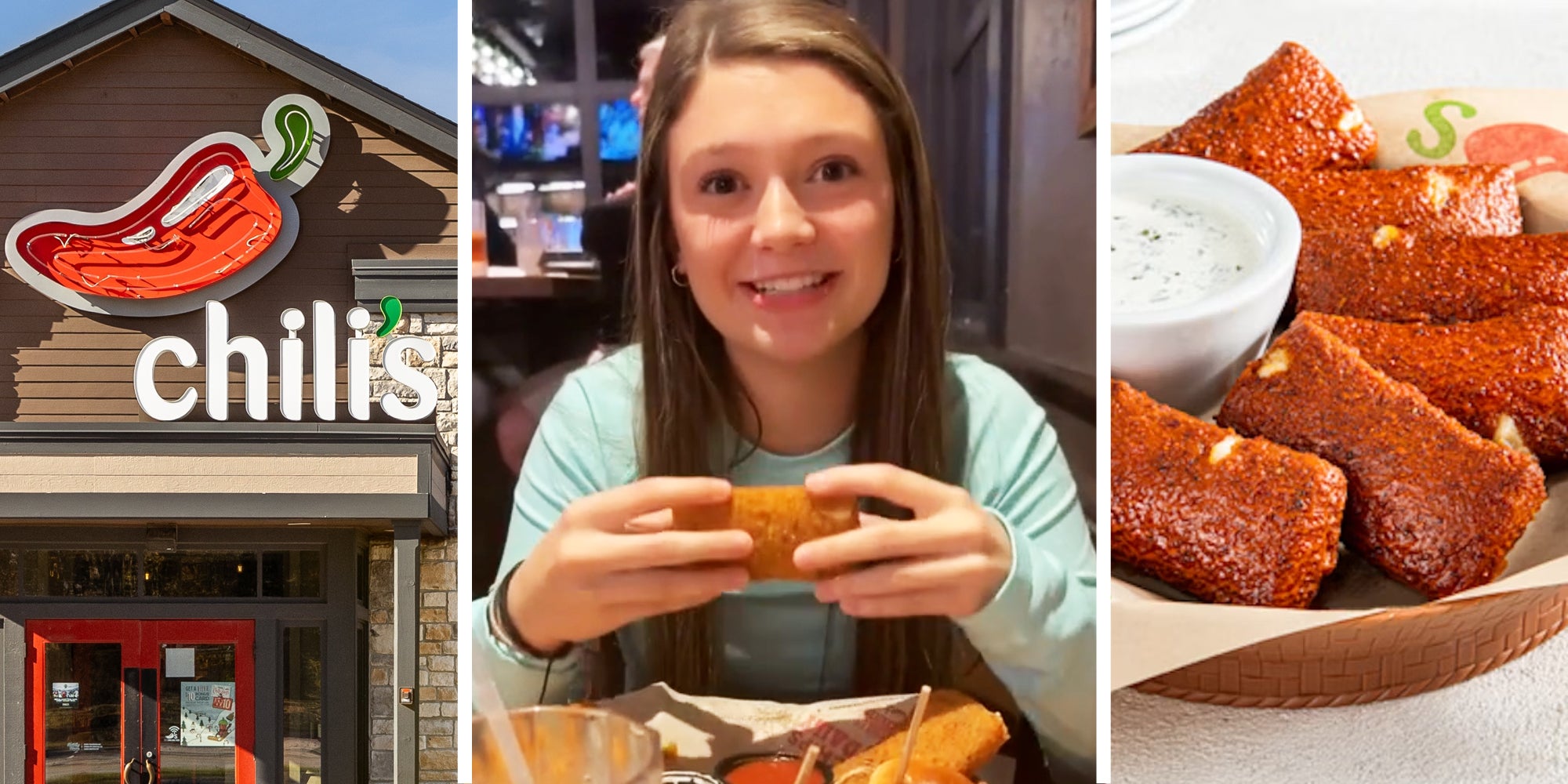 Chili's storefront(l), Woman holding mozzarella stick(l), Basket of mozzarella sticks(R)