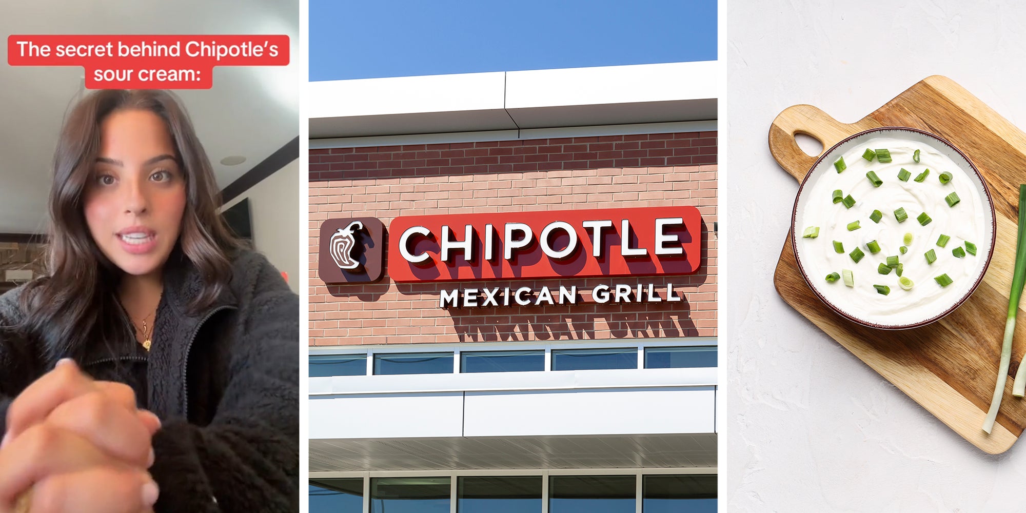Woman sharing Chipotle sour cream secret(l) Chipotle Mexican Grill Sign (c) Sour cream(l)