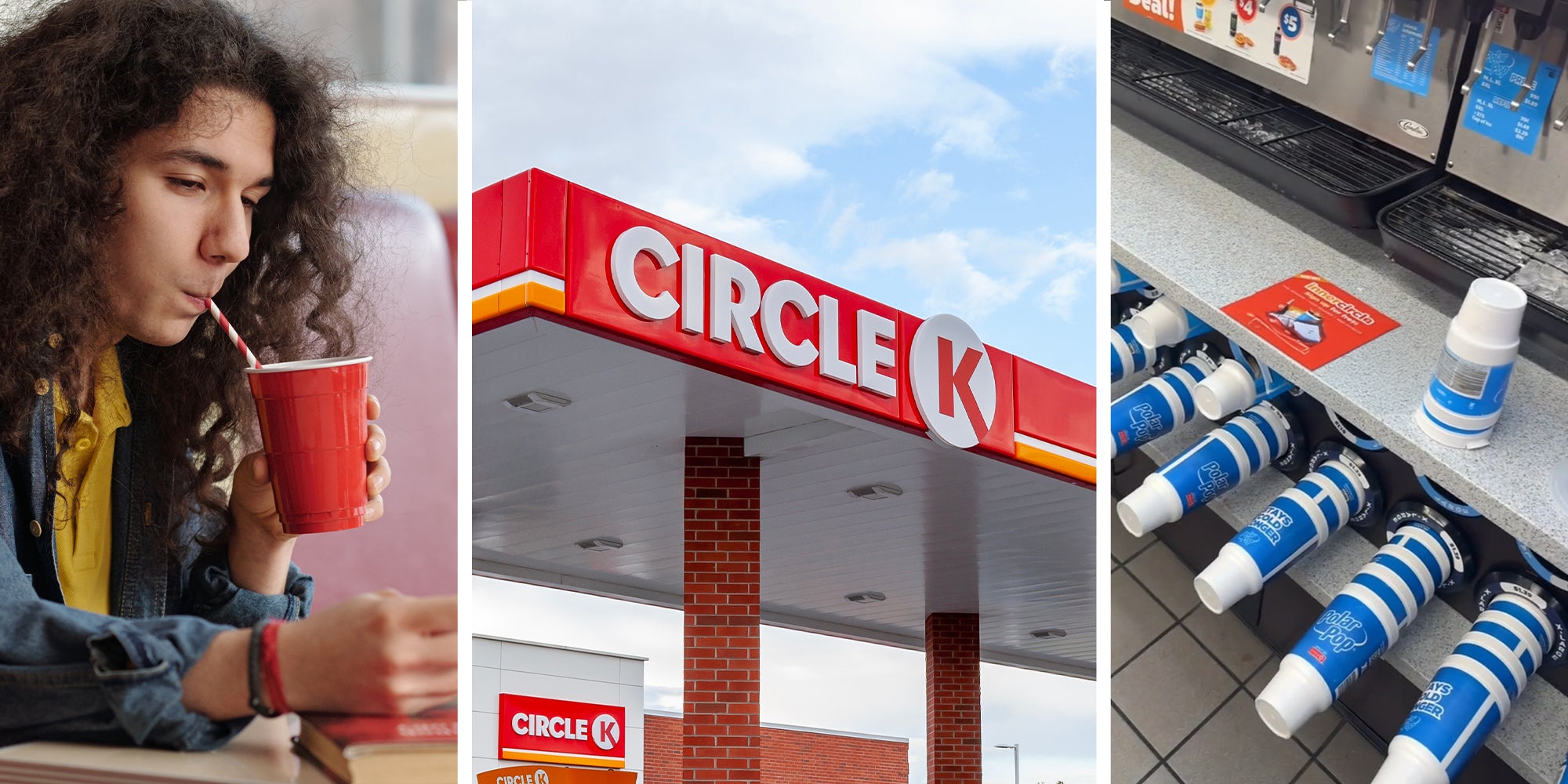 Woman drinking soda(l) Circle K Gas Station(c) Cups at Gas Station(r)