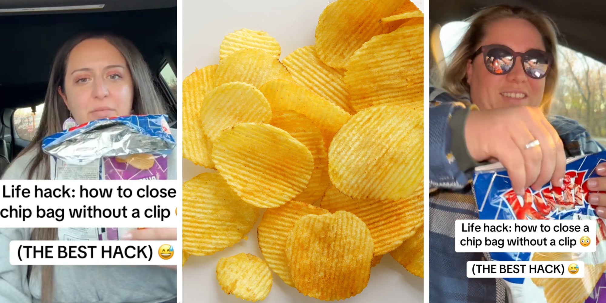 Woman holding bag of chips with text that says 'life hack: how to close chip bag without a clip (the best hack)(l), Ruffle chips(c), Second woman holding bag with same text(r)