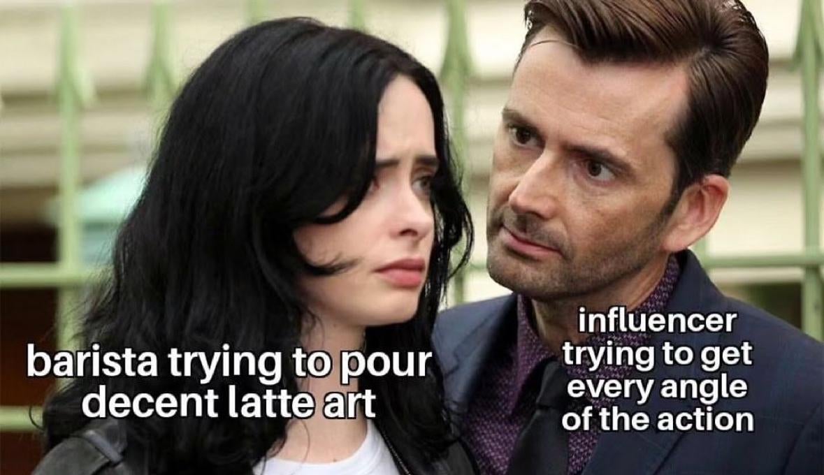 Coffee meme from Jessica Jones, with villain Killgrave staring Jessica down.