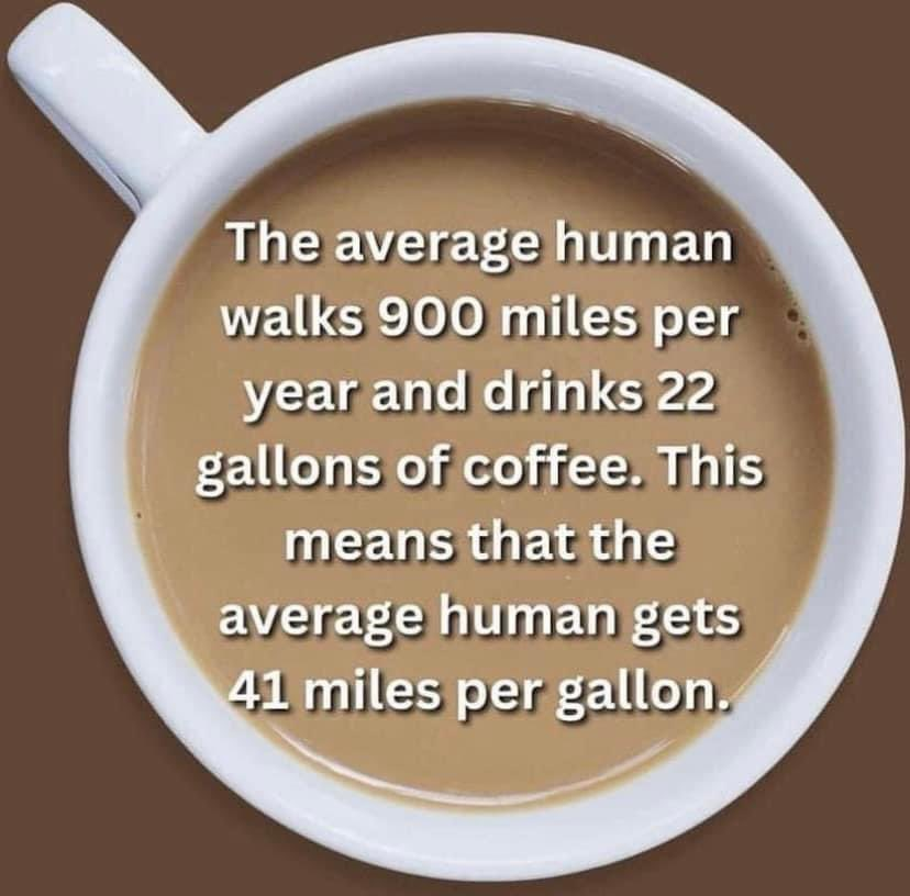 Coffee meme that reads, 'The average human walks 900 miles per year and drinks 22 gallons of coffee. This means that the average human gets 41 miles per gallon.'