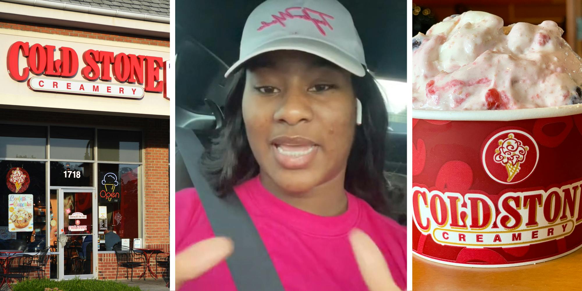 Cold Stone Creamy storefront(l), Woman talking(c), Cup of Cold Stone ice cream(r)