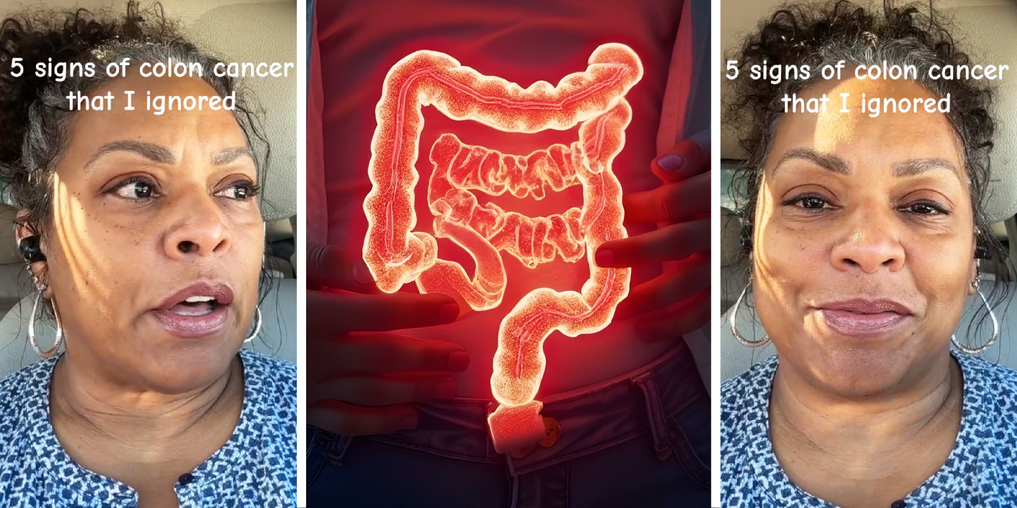3 panel image. On the sides a person speaks to camera in their car. In the middle panel an illustration of a glowing colon ala x-ray.