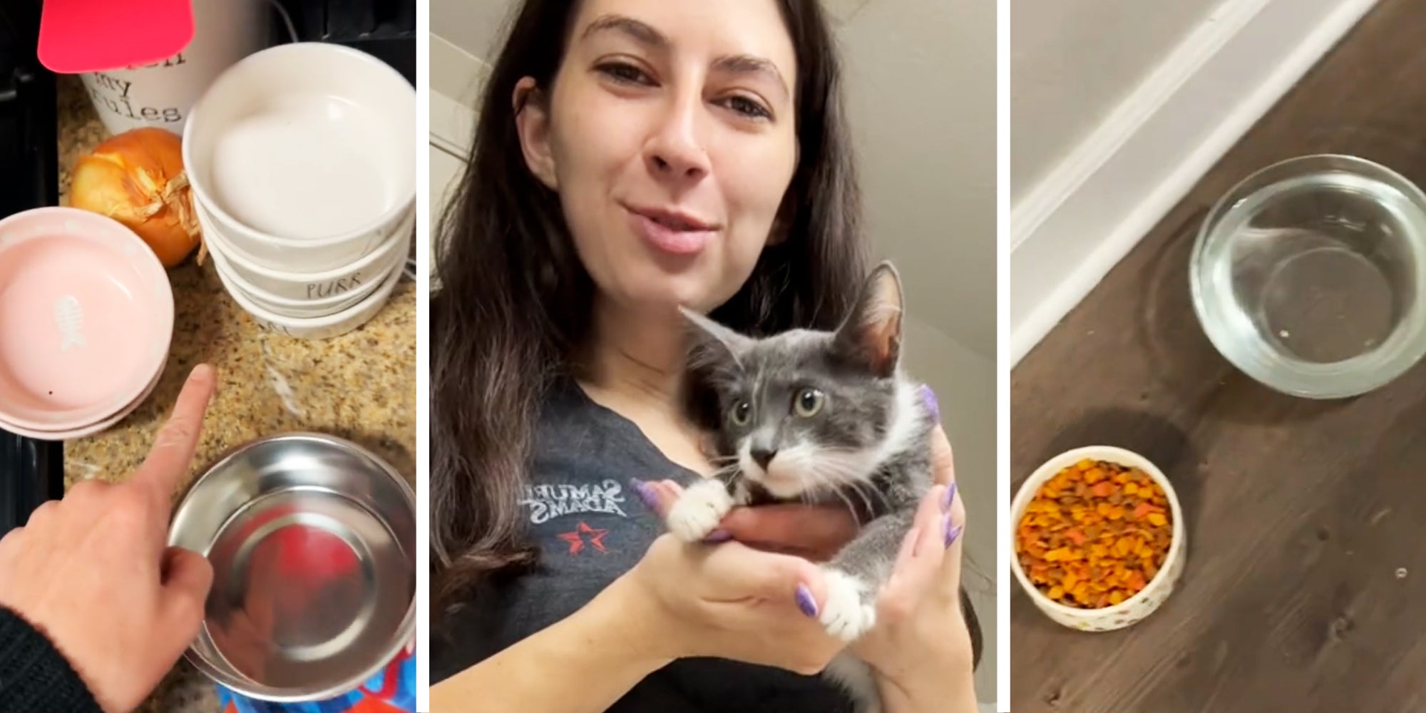 Hand pointing to dishes(l), Woman holding kitten(c), Dishes on floor(r)