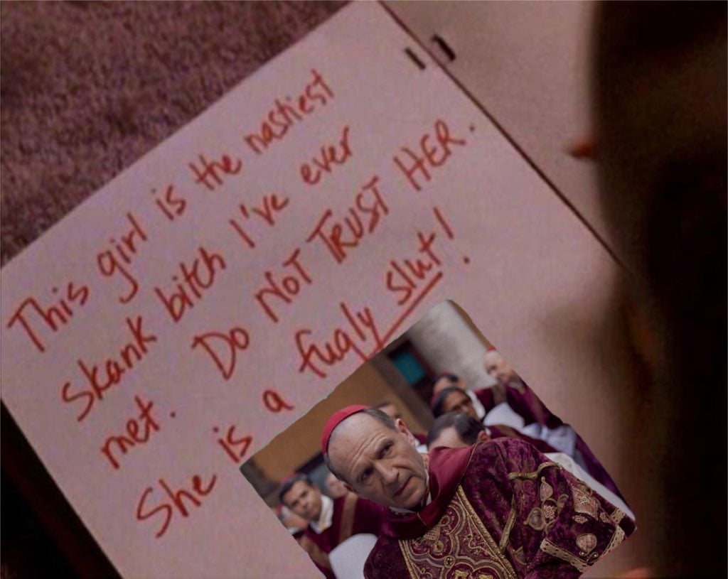 Conclave meme with the 'nastiest skank bitch' note from Mean Girls.