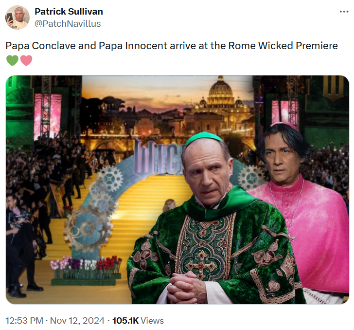 Conclave meme with two cardinals in pink and green at a Wicked premiere.