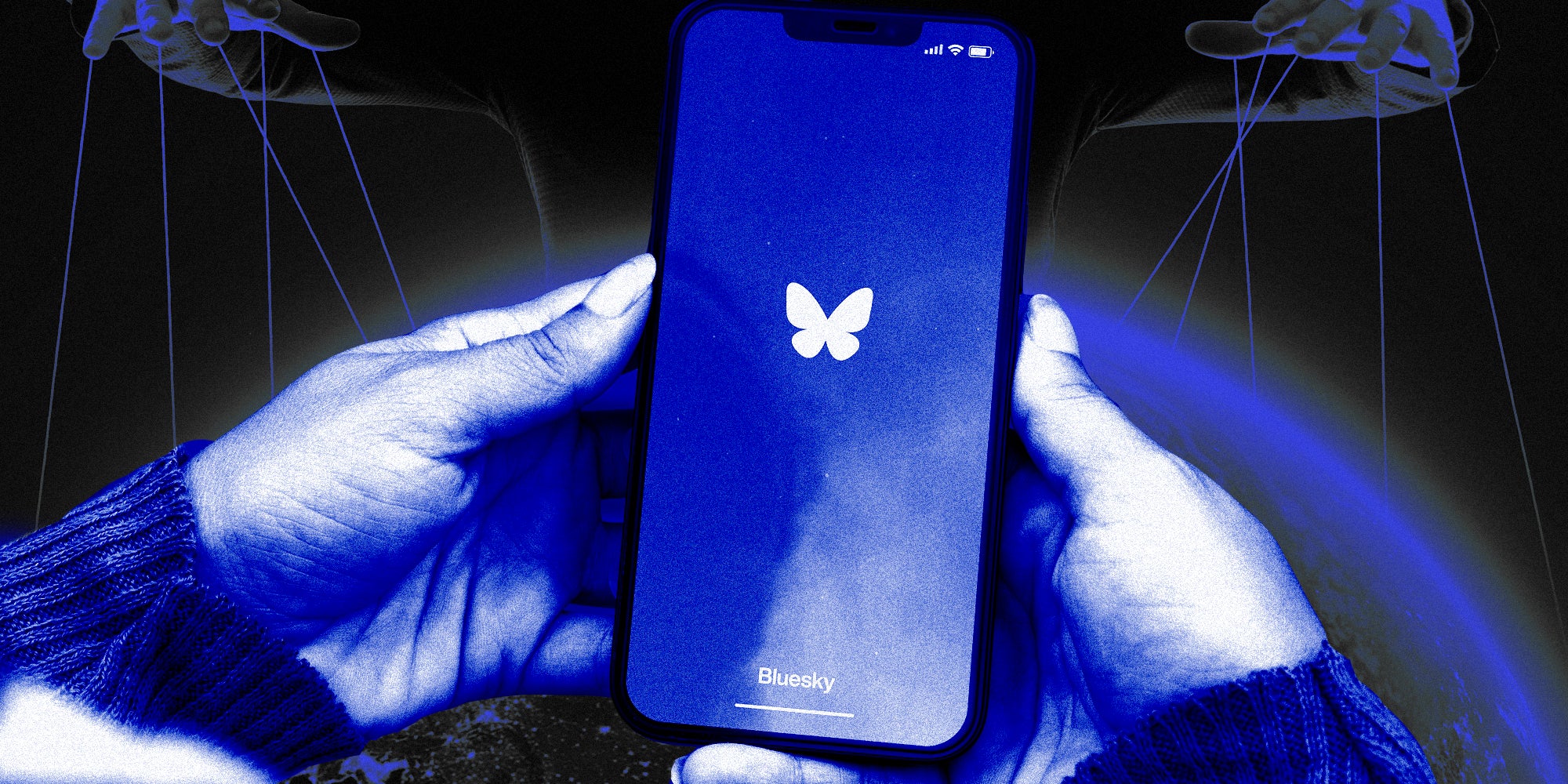 Hands holding phone with blue sky app and hands in the background with strings down to earth