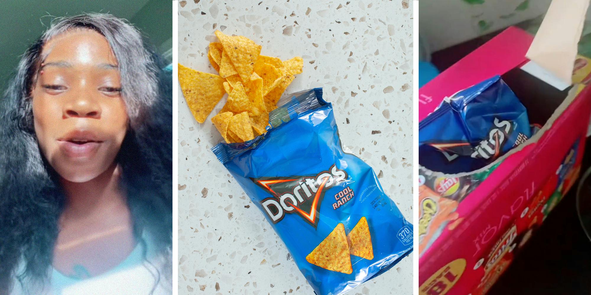 Woman shares what she find inside her Doritos bag(l) Doritos Cool Ranch(c) Box of Doritos(r)