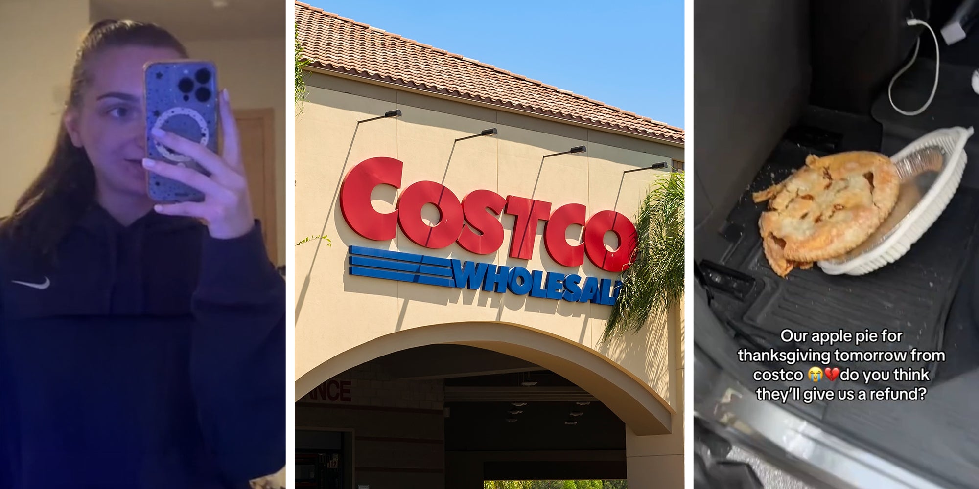 Woman taking a selfie (l) Costco wholesale store sign(c) Fallen Pie(r)