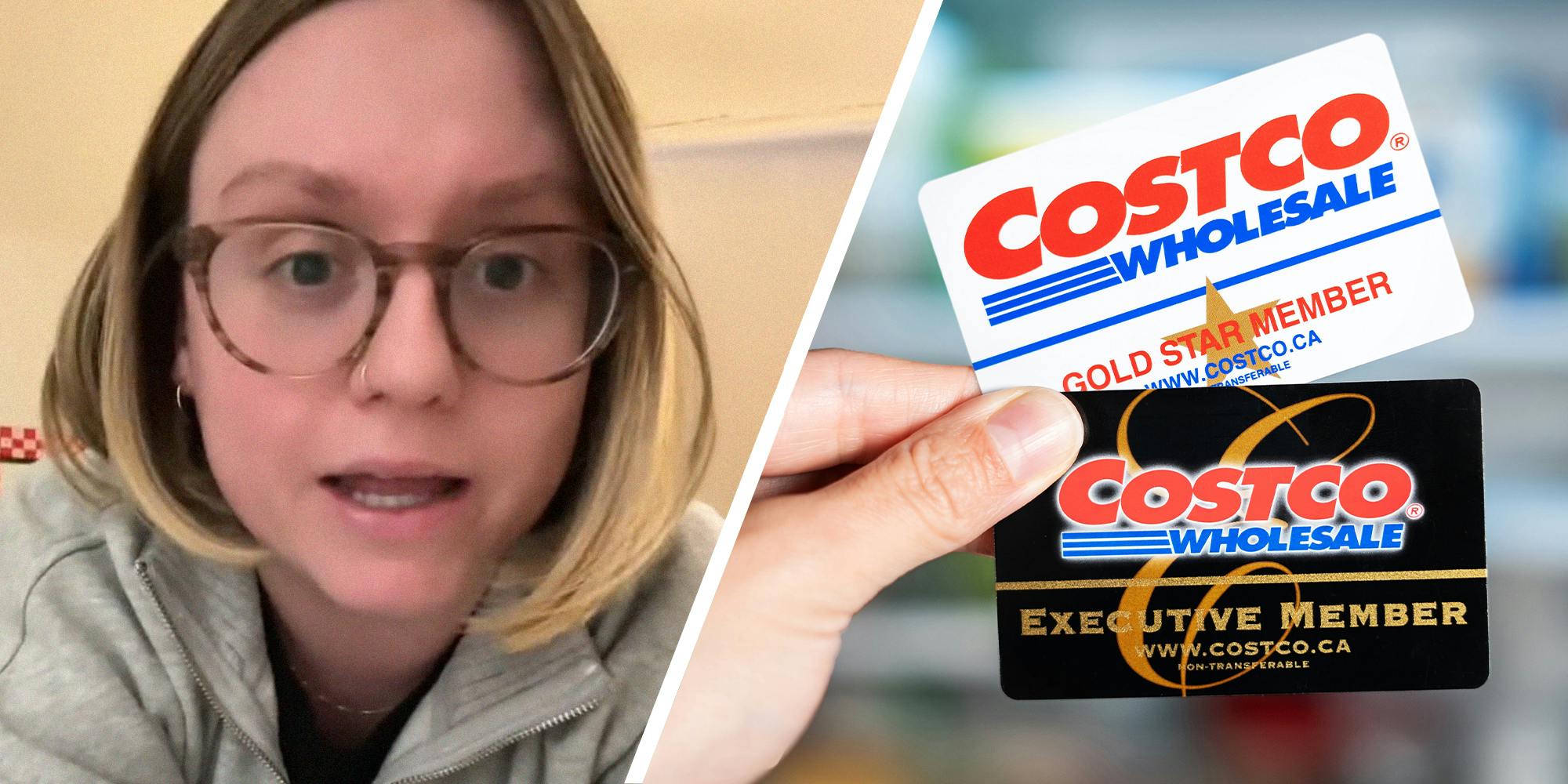 Woman shares her experience with Costco Cards(l) woman holding up costco cards(r)