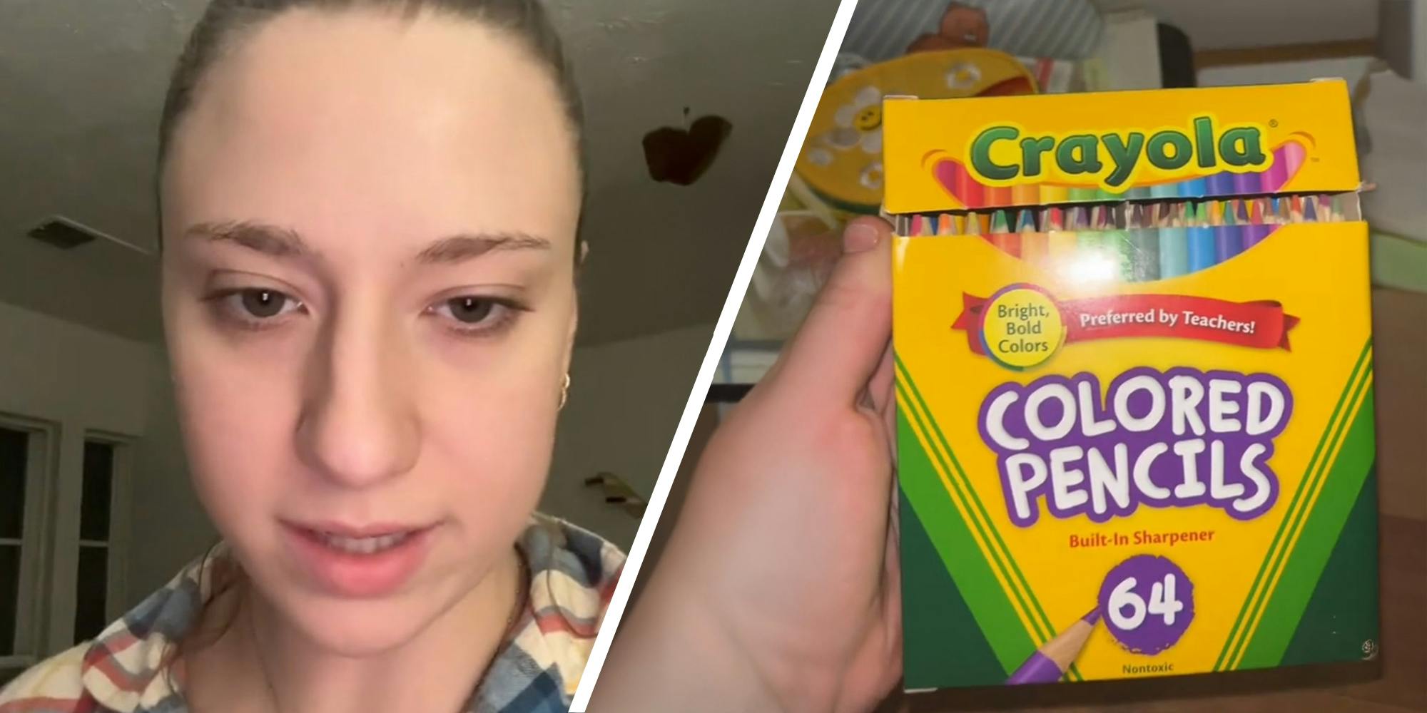 Woman sharing how Crayola is falsely advertising on TikTok Platform(l) Crayola 64 pack colored pencils