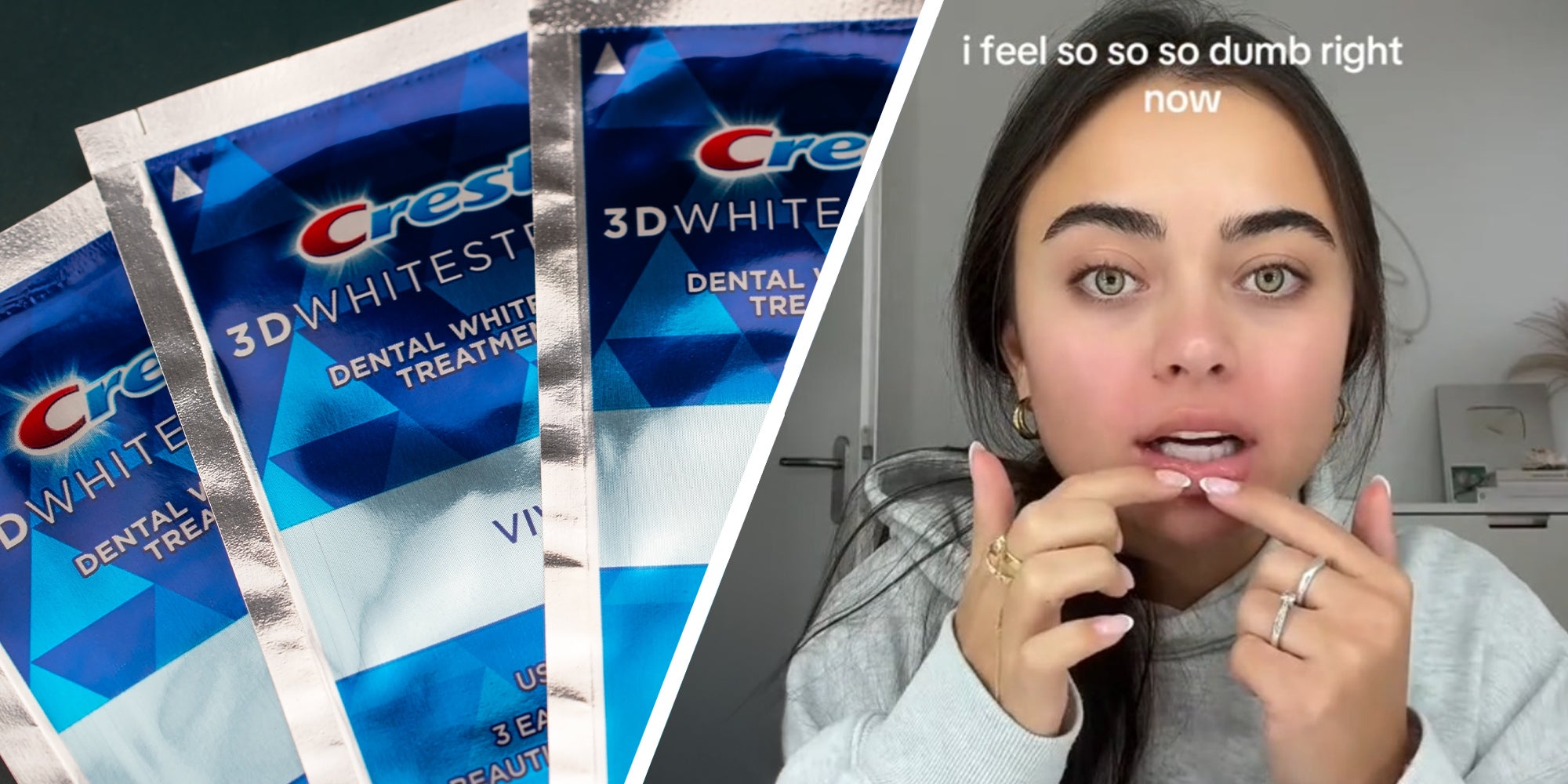 Crest Whitening Strips(l) Woman pulling down her lips(r)