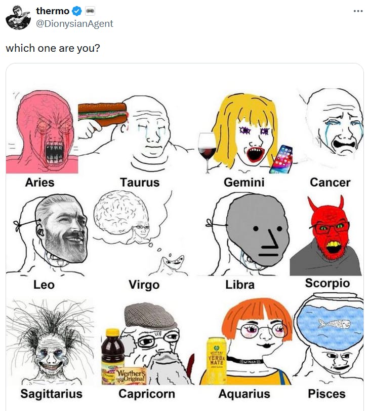 Meme showing many different types of Wojak to represent each astrology sign.