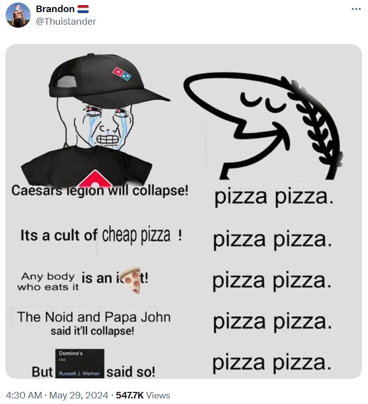 Crying Wojak meme arguing with the Little Caesars mascot.