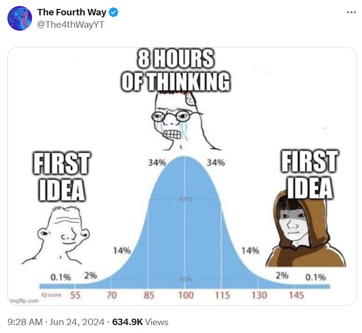 Zoomer Wojak Bell Curve meme about thinking too much.