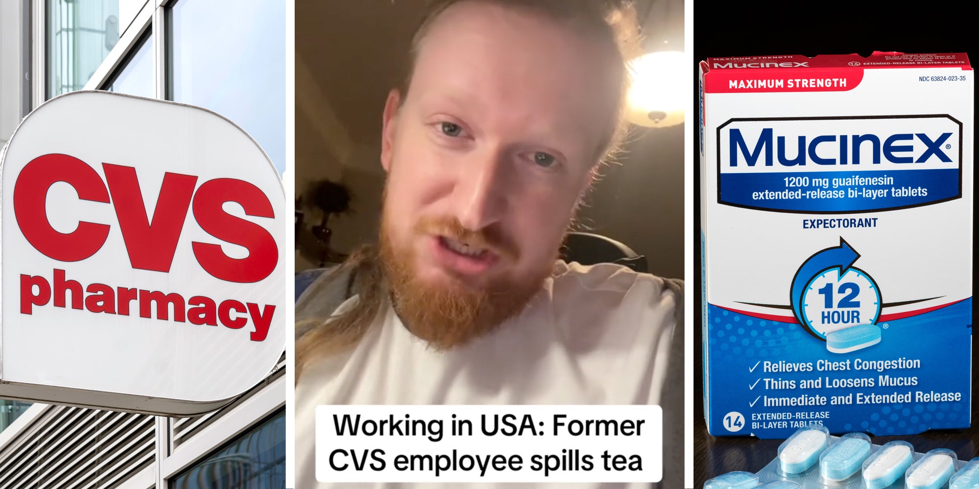 CVS Pharmacy sign(l), Person talking with text that says 'Working in USA: Former CVS employee spills tea'(c), Mucinex box and tablets(r)