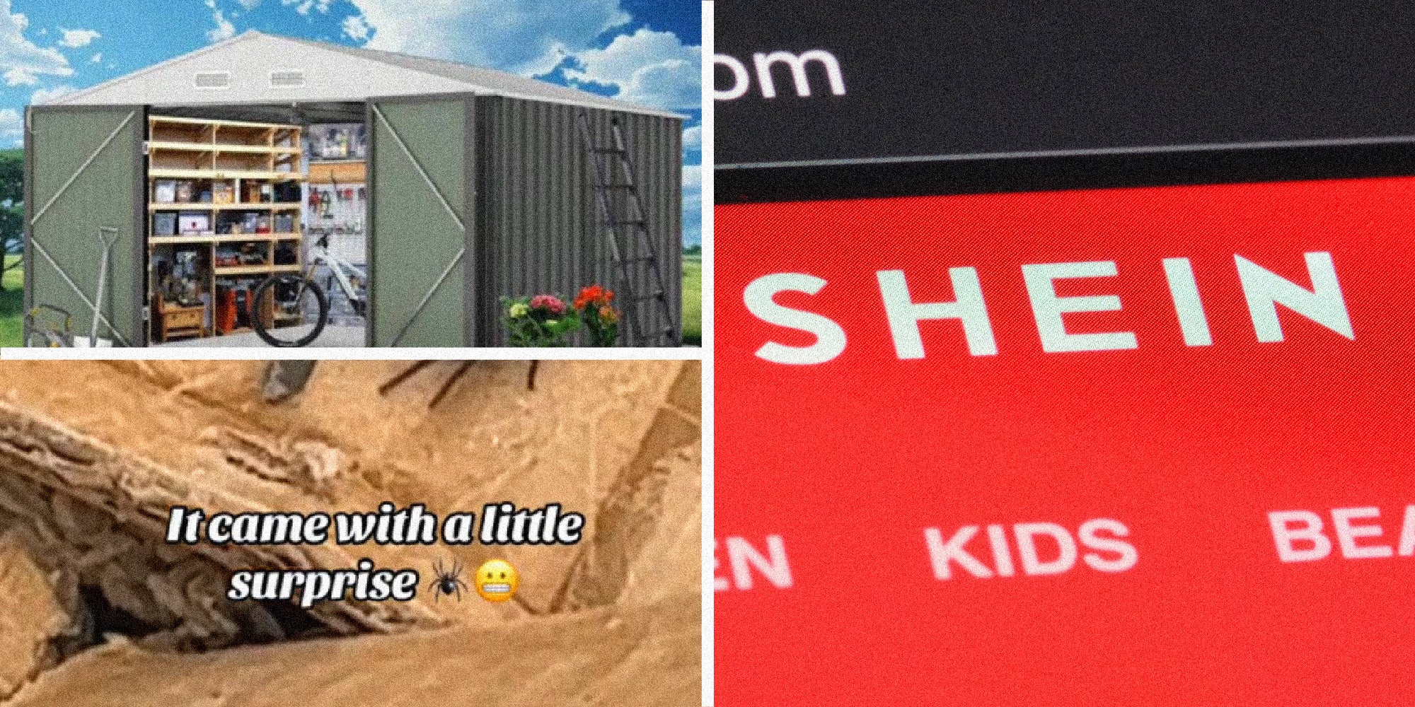 3 panel image showing a shed, a close up of a box with the text, 'It came with a little surprise' over it, and a close up of the shein logo on the shopping website.
