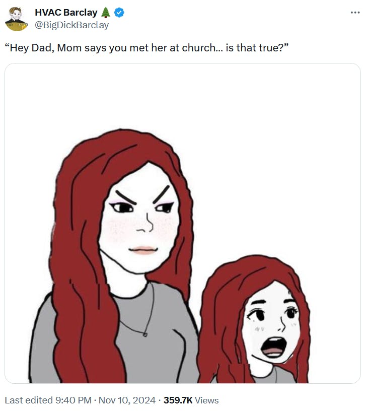 Wifejak daughter meme asking if mom and dad really met at church.