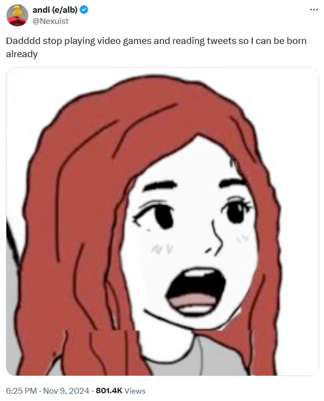 Daughterjak meme telling dad to stop playing video games and conceive her.