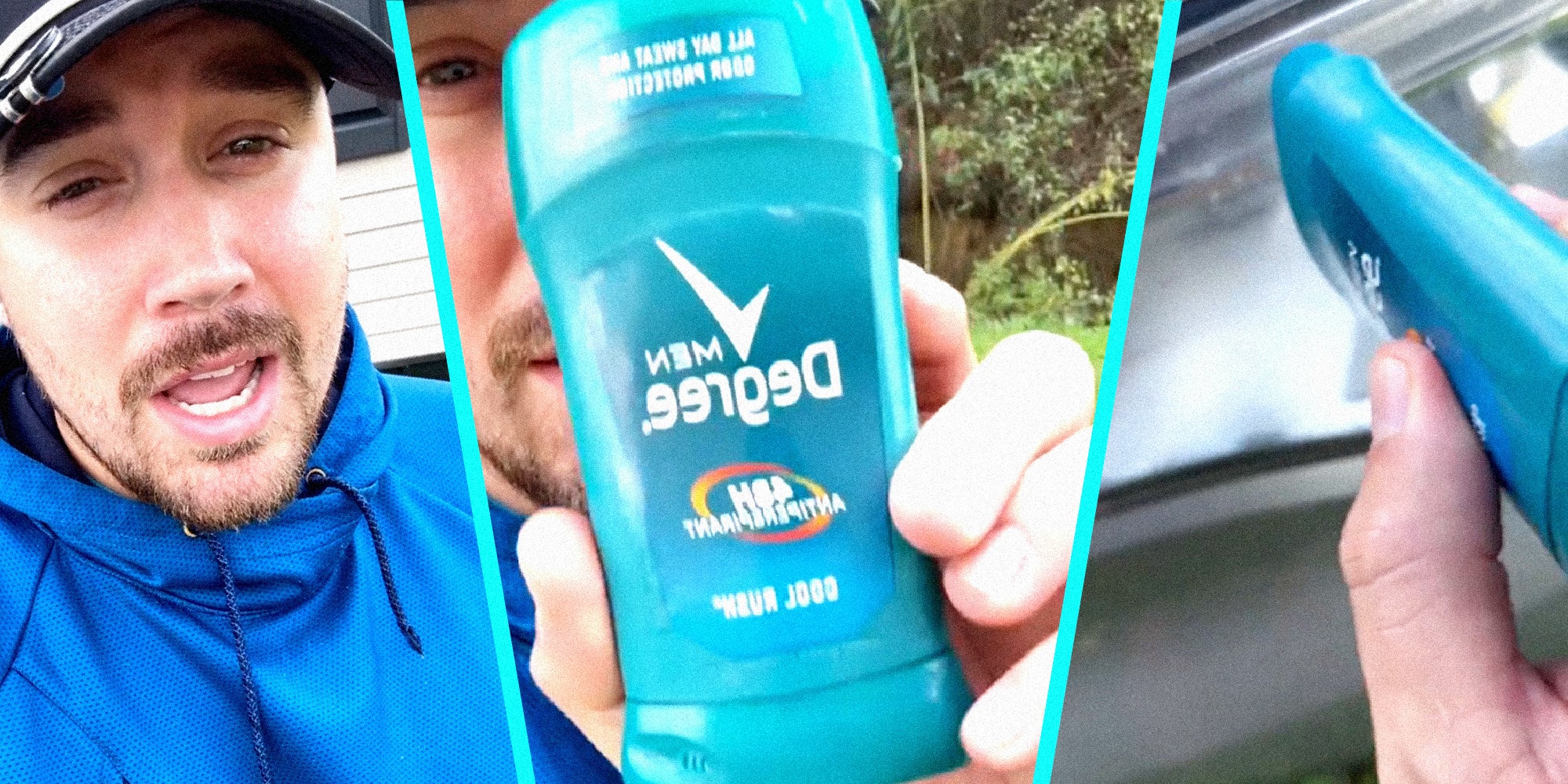 3 panel image of a person with a hat and beard, shares a hack for car headlight maintenance and Degree brand deodorant. He rubs the deodorant on the headlights.
