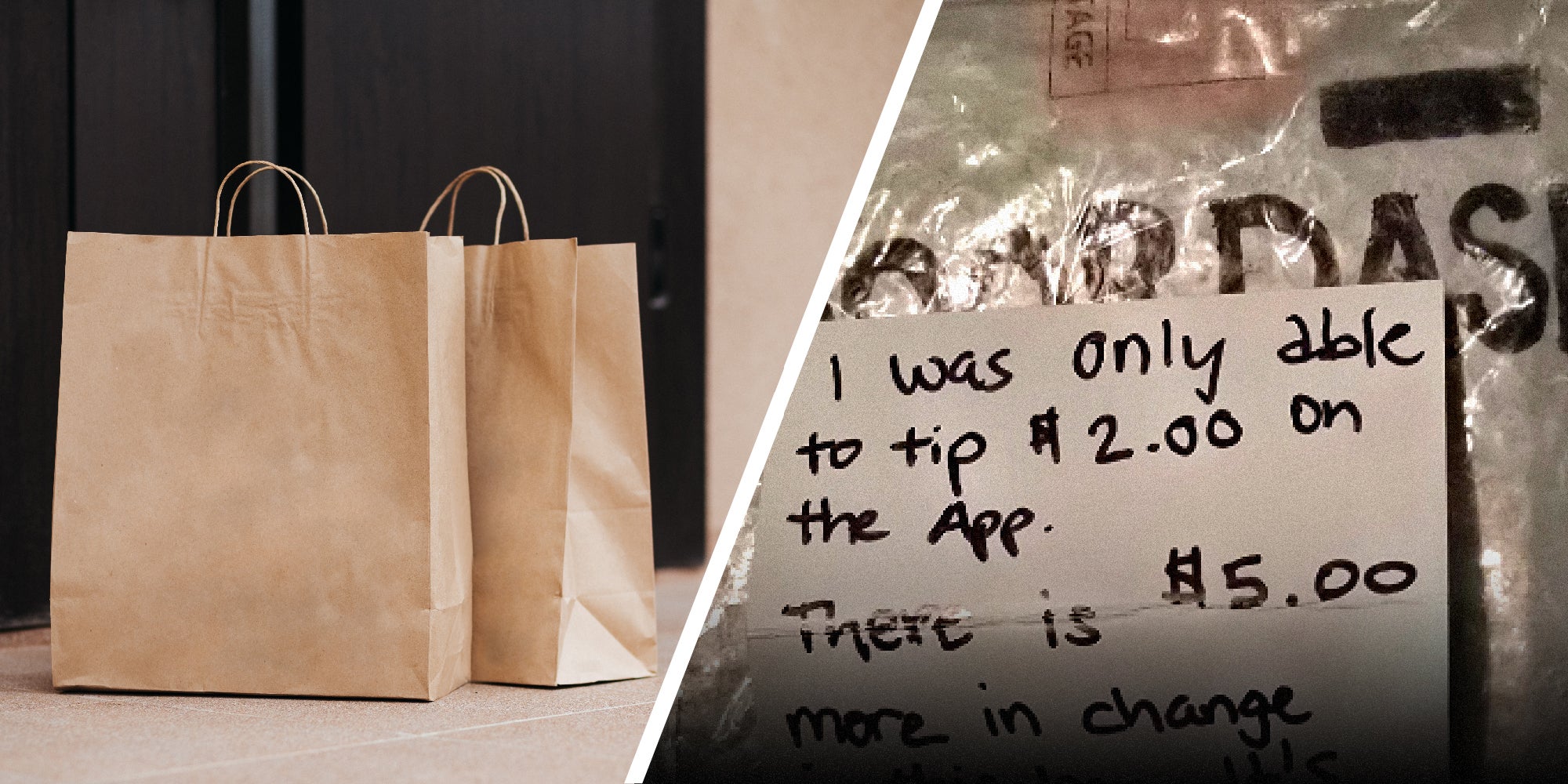 2 panel image, on the left is a stock photo of bags on a doorstep. On the right a note that reads partially, 'I was only able to tip $2.00..'