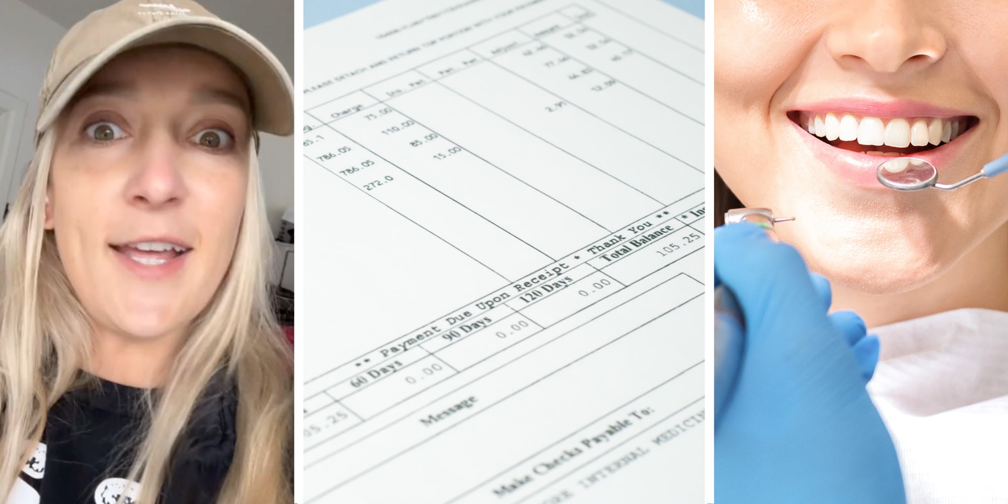 Woman talking(l), Medical bill(c), Gloved hands and dental tools near smiling mouth(r)