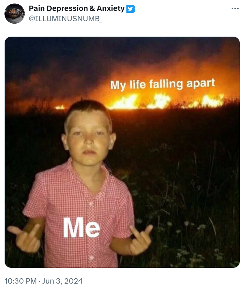 Depression meme of a kid in front of a fire.