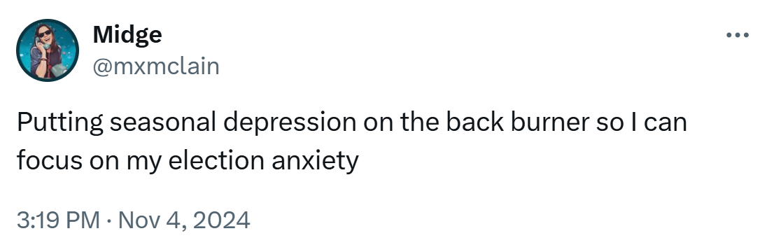 Tweet that reads, 'Putting seasonal depression on the back burner so I can focus on my election anxiety'