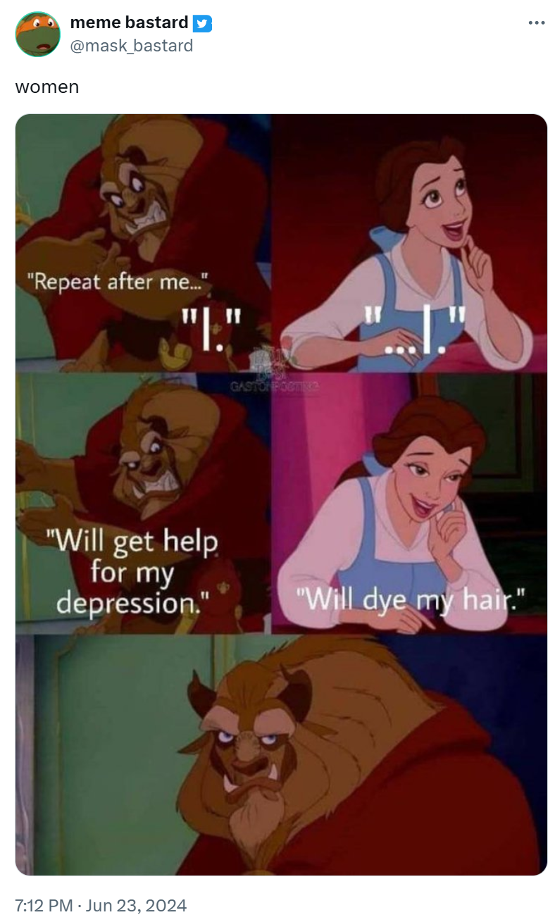 Depression meme using stills from Beauty and the Beast.