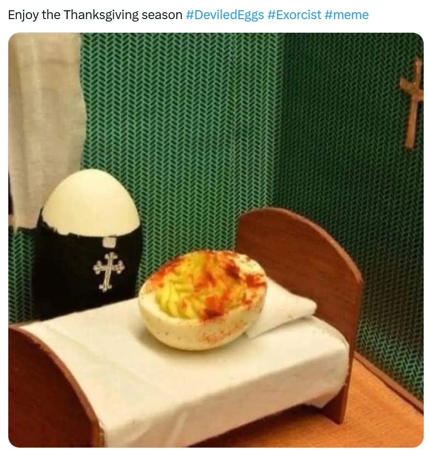 deviled eggs meme of an egg 'dressed' like a priest standing over a deviled egg on a mini bed.