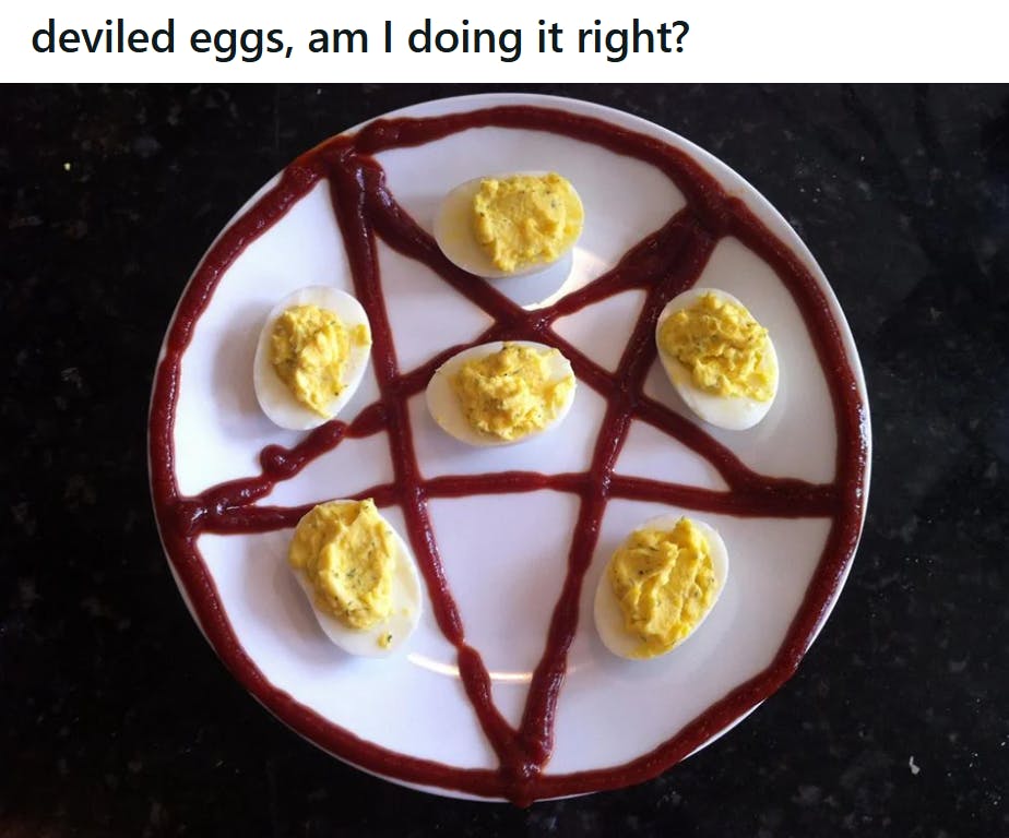 deviled eggs meme of a pentagram made of ketchup with deviled eggs in the white spaces.